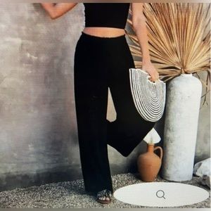 Vici Collection Linen Rayon Black Wide Leg Smocked Waist Palazzo Pants Sz L